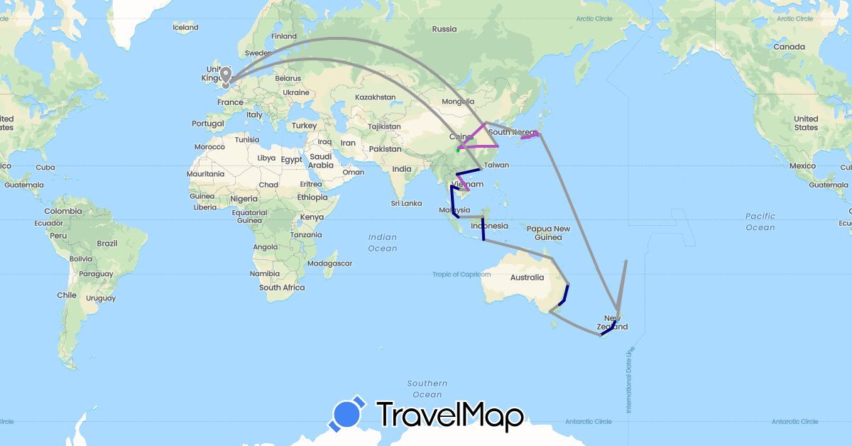 TravelMap itinerary: driving, bus, plane, train, boat in Australia, China, Fiji, United Kingdom, Indonesia, Japan, Cambodia, Laos, Malaysia, New Zealand, Singapore, Thailand, Vietnam (Asia, Europe, Oceania)